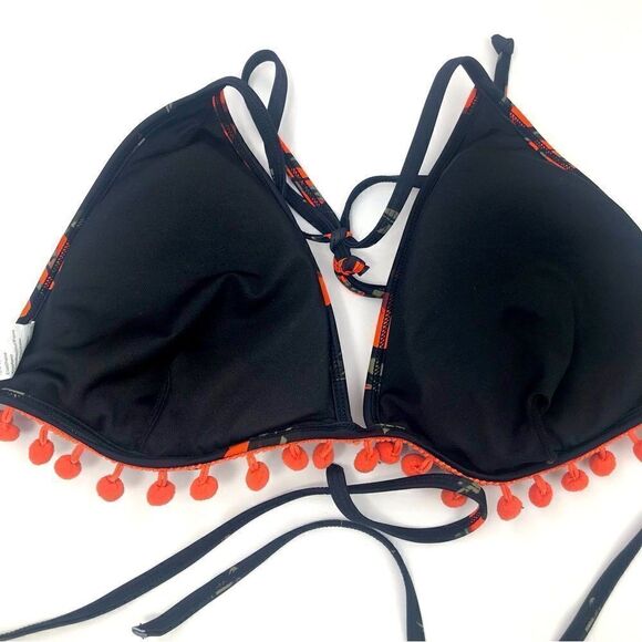 Cocoship Black Red Floral PomPom Trim High Waisted String Bikini - Picture 10 of 15